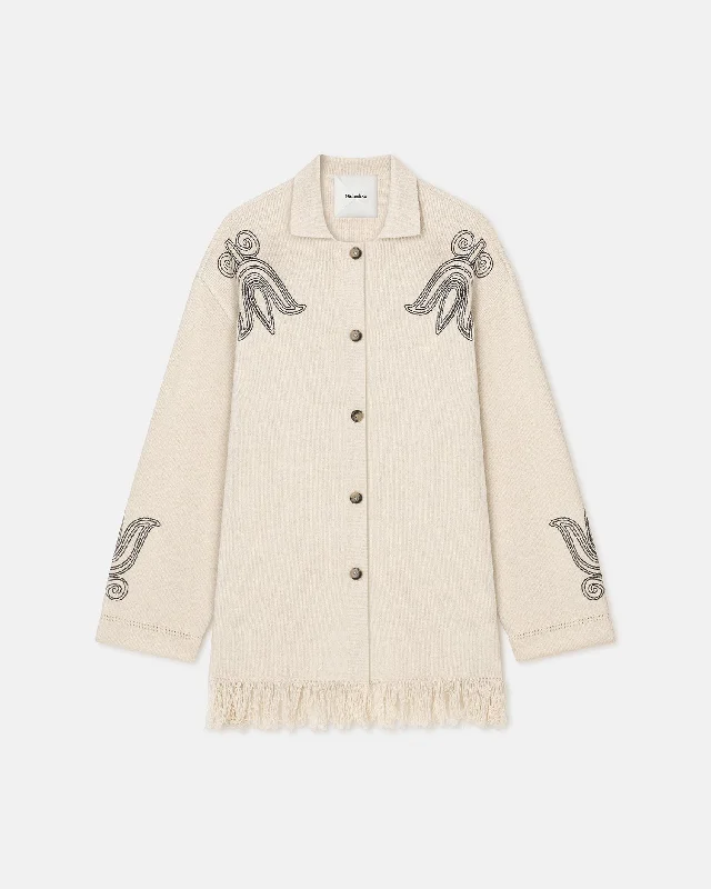 Dillian - Embroidered Textured-Linen Cardigan - Natural/Black