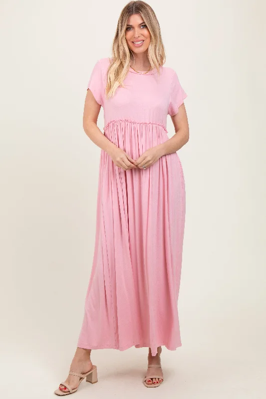 Light Pink Short Sleeve Pocketed Maxi Dress