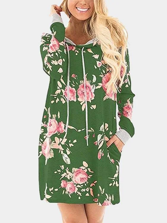 Wholesale Pullover Long Sleeve Floral Print Side Pockets Hooded Mini Dresses