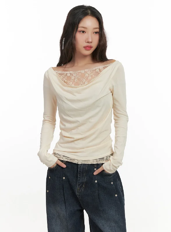 Lace Detail Cowl Neck Top CN426