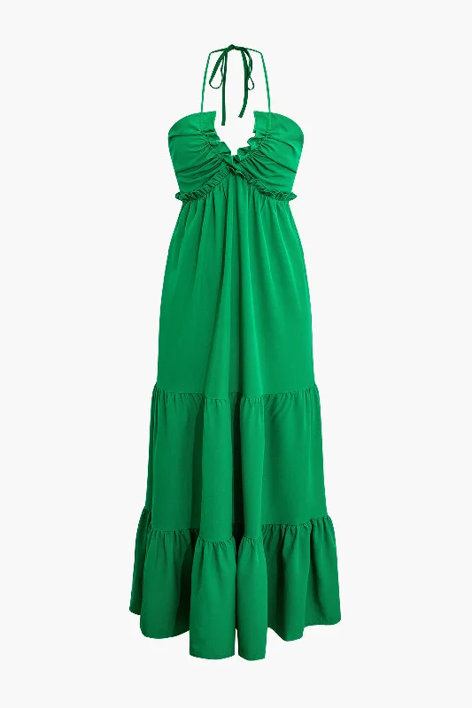 Ruched Tie-Up Scallop Edge Sleeveless Maxi Dress