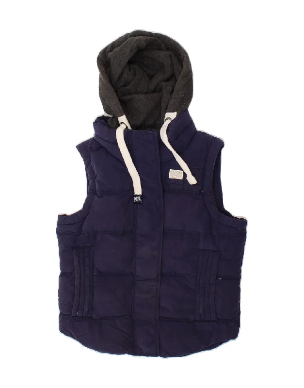 SUPERDRY Womens Hooded Padded Gilet UK 6 XS Navy Blue Cotton