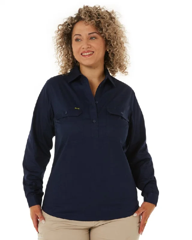 Womens Closed Front Lightweight LS Drill Shirt - Navy