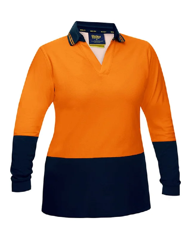 Womens Hi Vis V Neck LS Polo - Orange/Navy