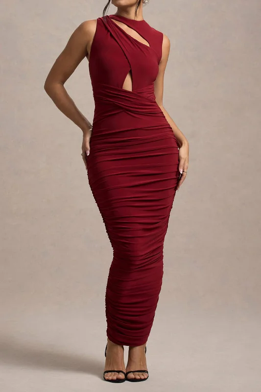 Cut Out Sleeveless Ruched Maxi Dress