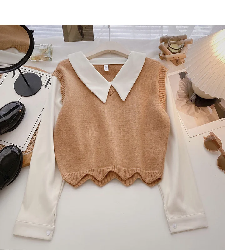 Long sleeve stitching design sense sweater soft top  6607