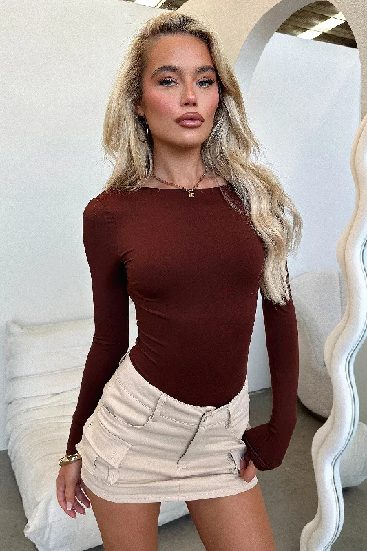 Eve Long Sleeve Backless Bodysuit - Brown