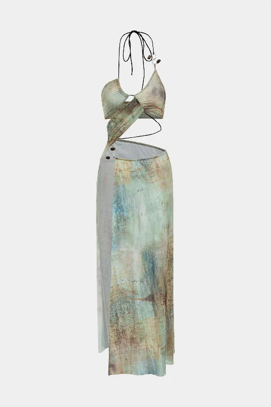 Watercolor Print Mesh Backless Tie-Up Slit Maxi Dress