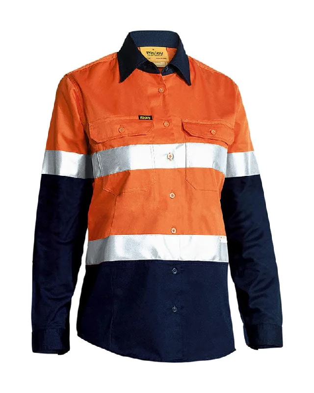 Womens Taped Hi Vis Cool Lightweight LS Drill Shirt - Orange/Navy