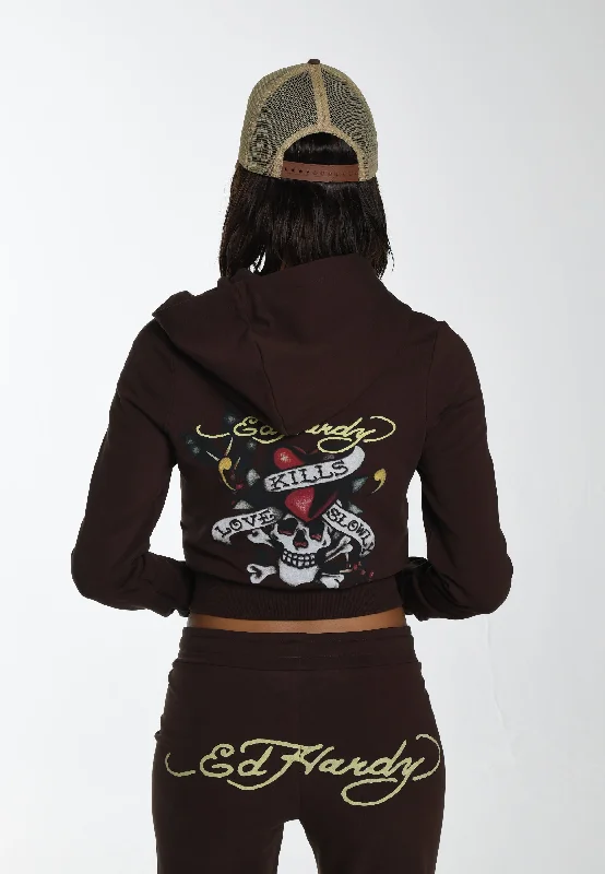 Womens Lks Graphic Cropped Zip Thru Hoodie - Brown