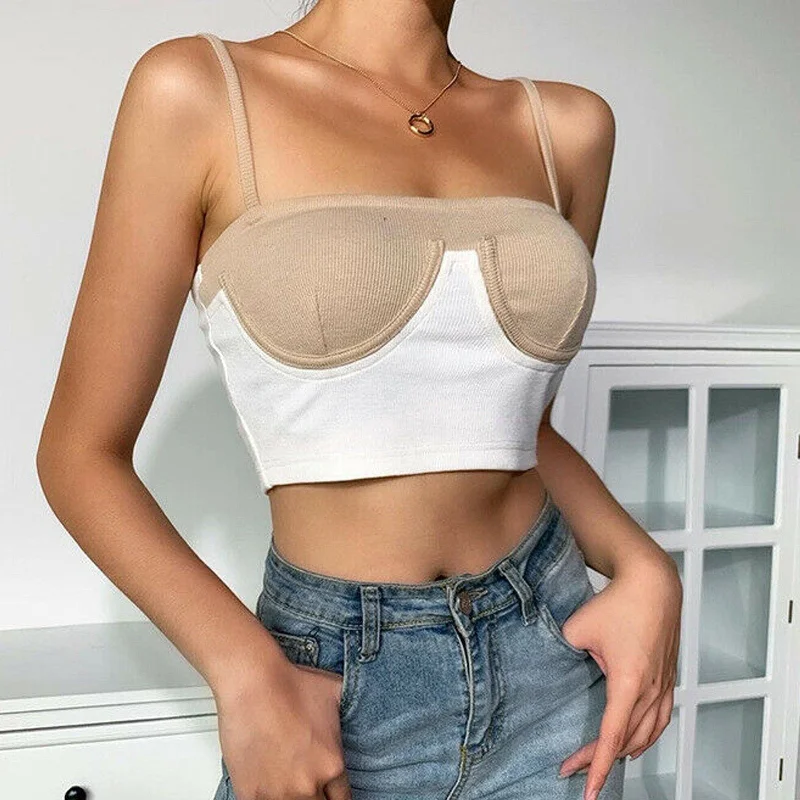 JuliaFashion-Color Patchwork Bare Midriff Cami Tops