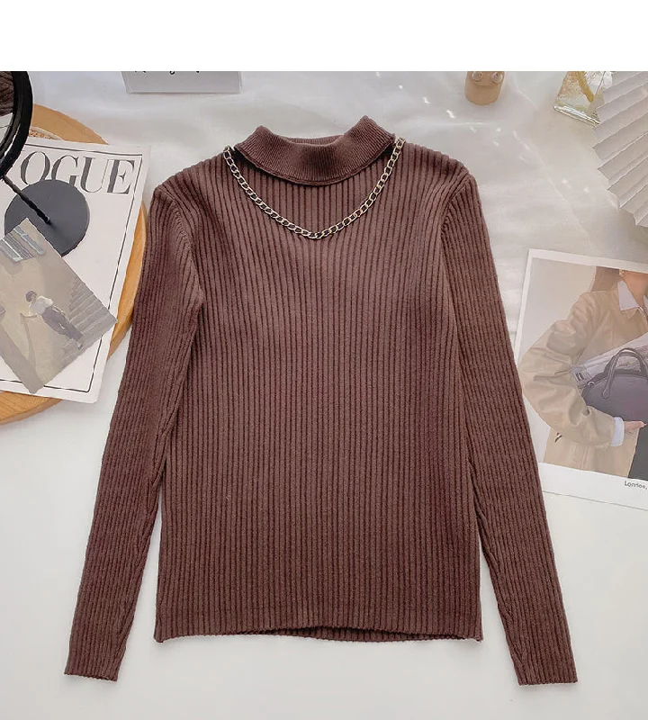 Design sense knitwear slim stand collar chain long sleeve top  6596