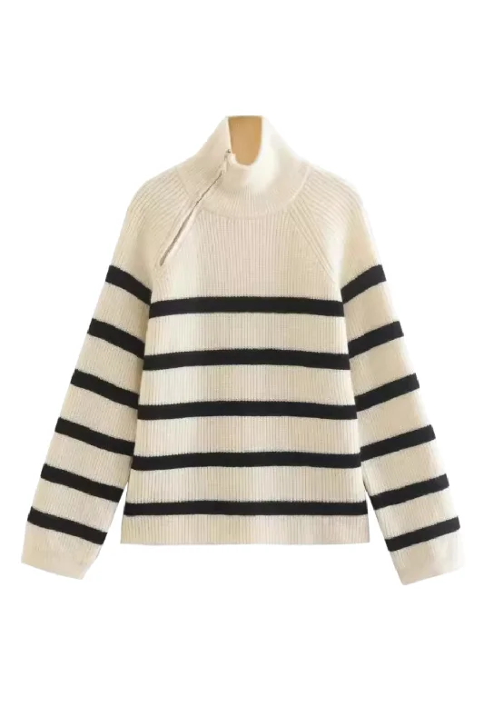 'Vianna' Slanted Zipper Closure Striped Sweater