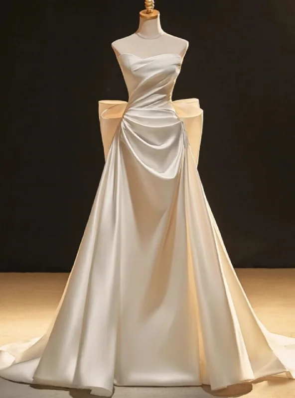 White Strapless A-Line Satin Light Wedding Dress Long Evening Gown, DP3480