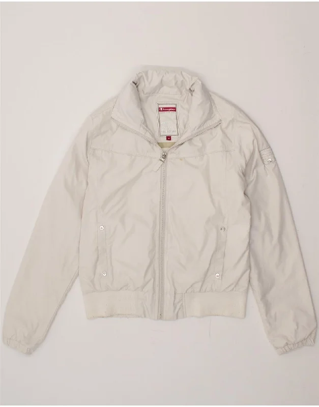 CHAMPION Womens Hooded Bomber Jacket UK 14 Medium White Polyester