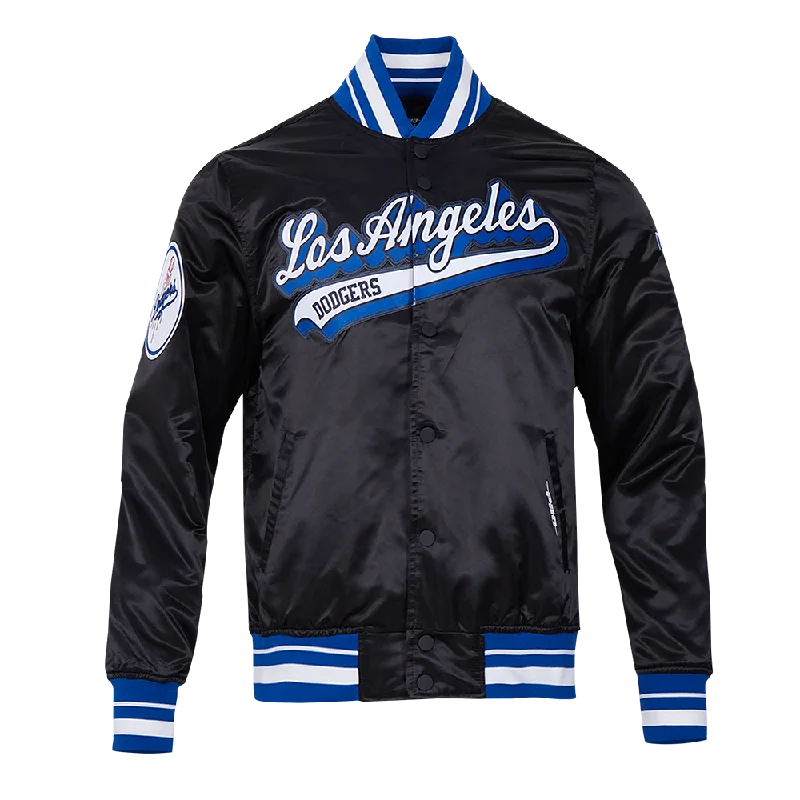 MLB LOS ANGELES DODGERS SCRIPT TAIL MEN'S SATIN JACKET (BLACK/DODGER BLUE)