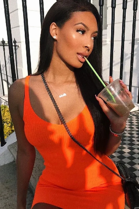 Neon Orange Rib Knit V Neck Mini Dress - Amylia