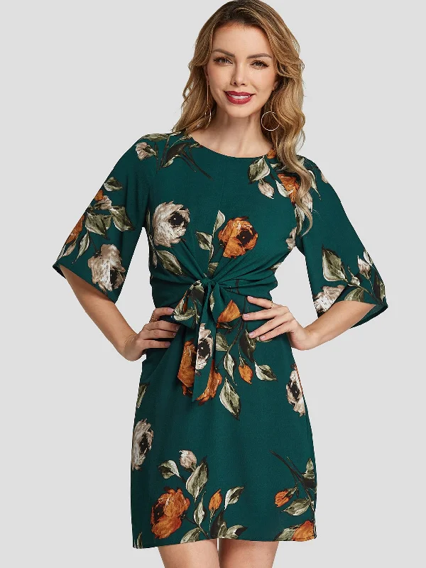 Wholesale Green Round Neck Half Sleeve Floral Print Self-Tie Mini Dresses