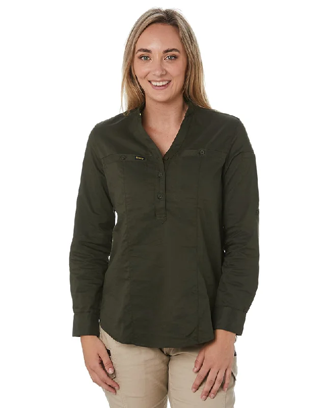 Womens Stretch V-Neck Closed Front Shirt - Olive