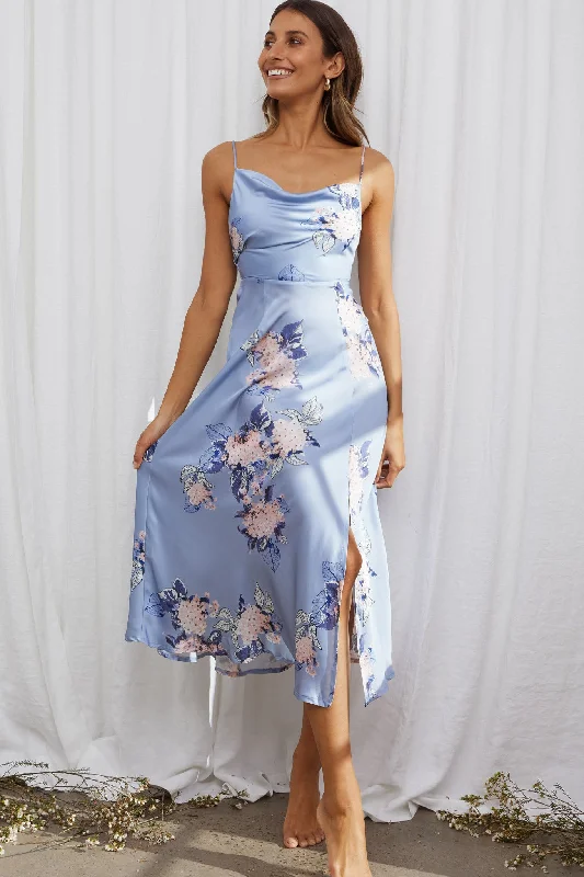 Suki Front Split Midi Dress Hydrangea Print Blue