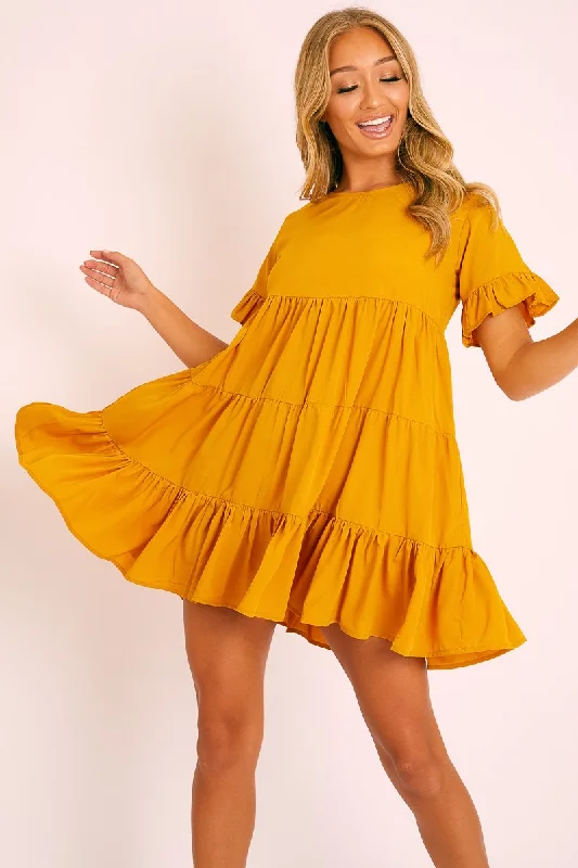 Mustard Smock Tiered Frill Sleeve Mini Dress - Olah