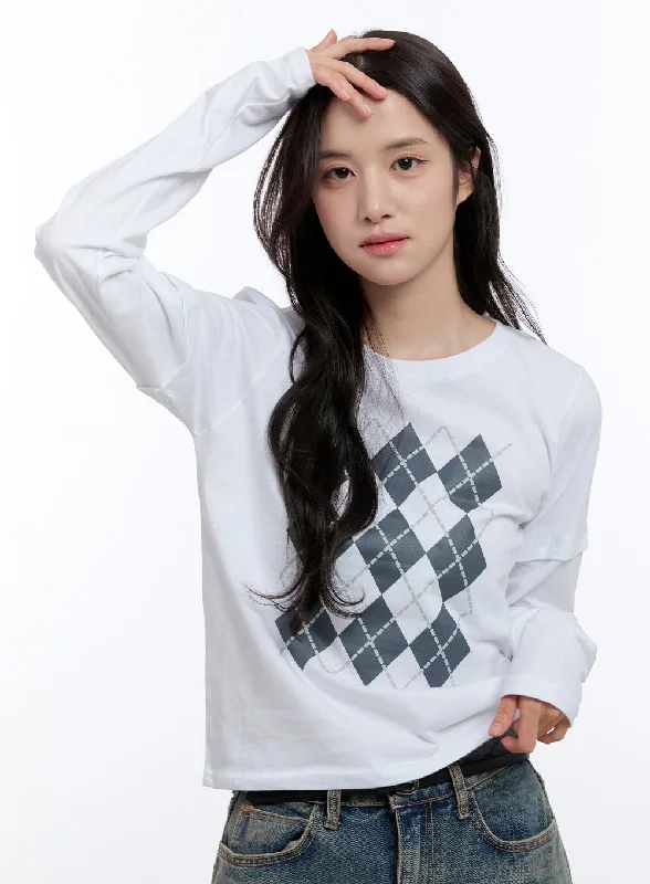 Argyle Print Long Sleeve Top ON418