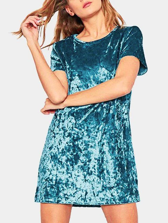 Wholesale Round Neck Plain Short Sleeve Blue Mini Dress