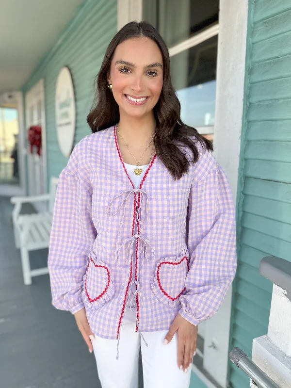 The Harris Heart Pocket Gingham Tie Top-Lilac