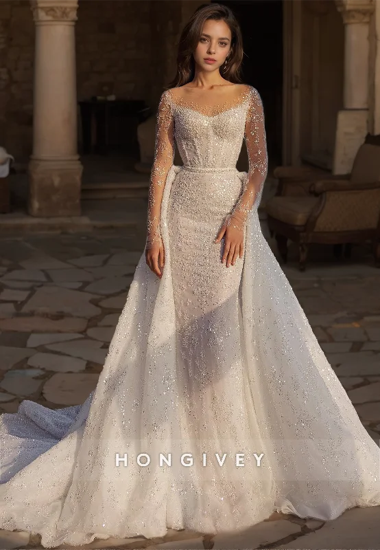 HONGIVEY Luxury Mermaid Wedding Dress with Train New Sparkle Long Sleeves Bride Gown