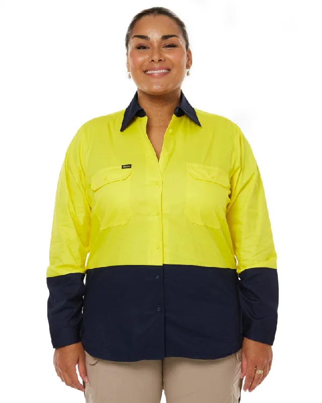 Womens Hi Vis Cool Lightweight LS Drill Shirt - Yellow/Navy