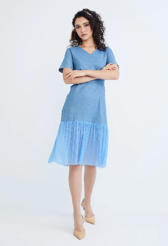 Denim Chiffon Pleated Combo Fabric Belted Dress