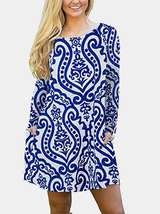 Wholesale Round Neck Long Sleeve Printed Blue Mini Dress