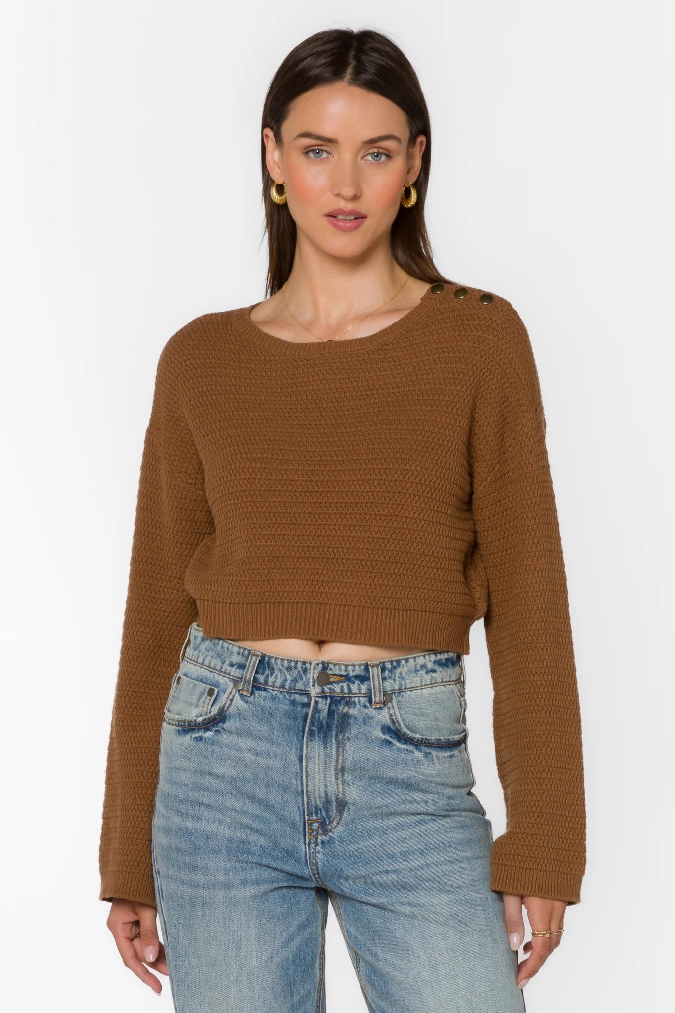 Carla Tan Button Shoulder Crop Sweater