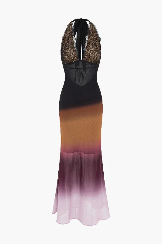 Ombre Print Mesh Backless Lace Sleeveless Maxi Dress