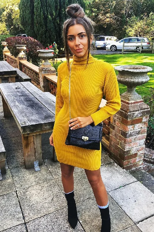 Mustard Rib Bodycon Turtle Neck Mini Dress - Tesia