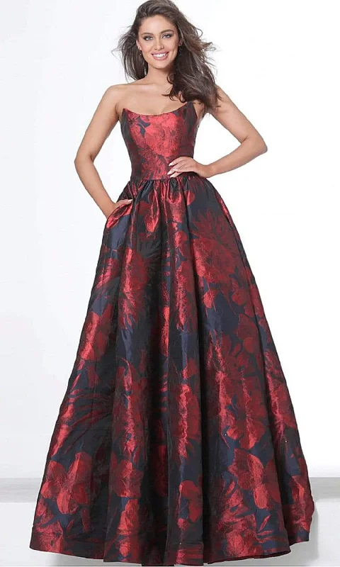 Jovani - 03931 Strapless Scoop Bodice Floral Satin Gown