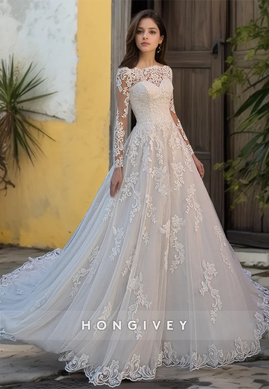 HONGIVEY Lace Applique Wedding Dresses Bateau Long Sleeves A-Line Long Bridal Dresses