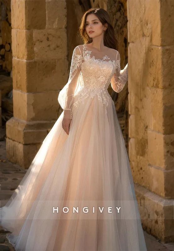 HONGIVEY New Applique Organza Wedding Dresses Lace Long Sleeves A-Line Bride Gown