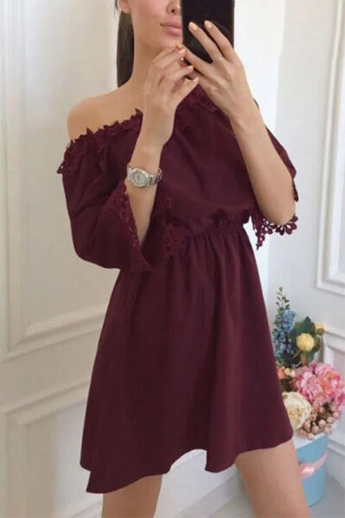 Wholesale Off The Shoulder Lace Half Sleeve Burgundy Mini Dress