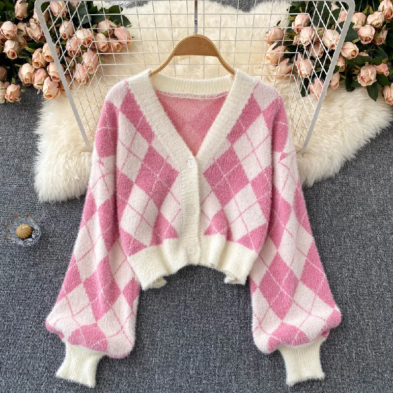 Cute diamond knit cardigan short sweater crop tops   S590