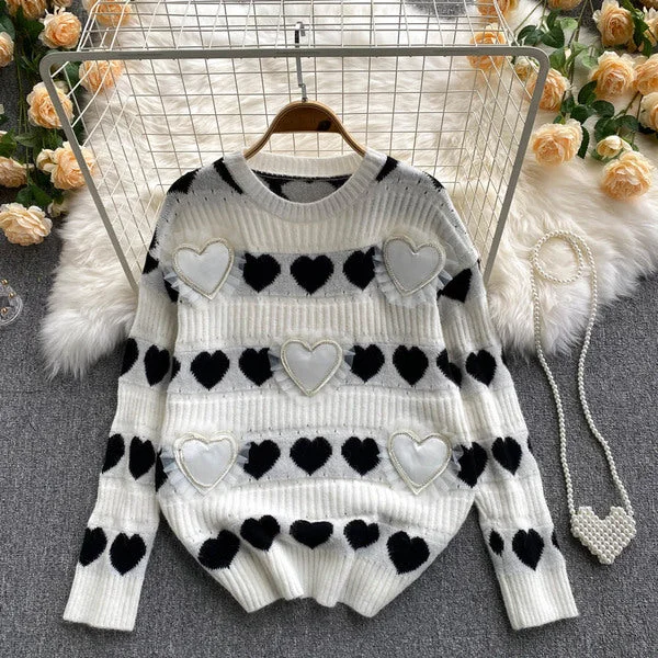 Lovely knitted heart-shaped long-sleeved sweater   S596