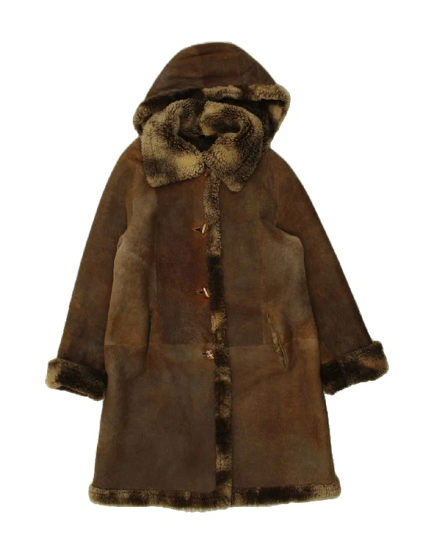 VINTAGE Womens Hooded Shearling Coat UK 16 Large Brown