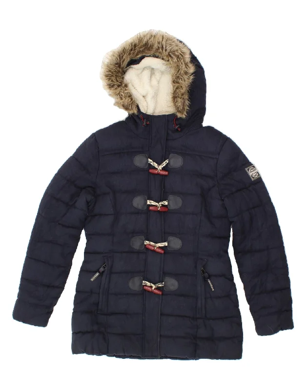 SUPERDRY Womens Hooded Padded Jacket UK 12 Medium Navy Blue Polyester