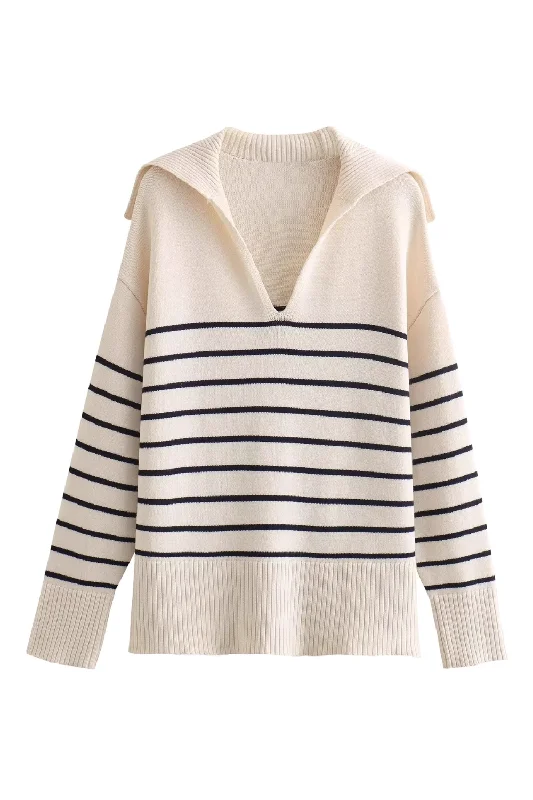 'Lexi' V-Neck Wing Collar Stripe Sweater