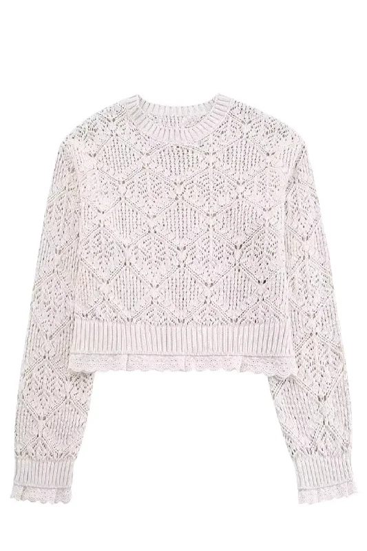 'Eleanor' Round Neck Embroidered Trim Crochet Sweater