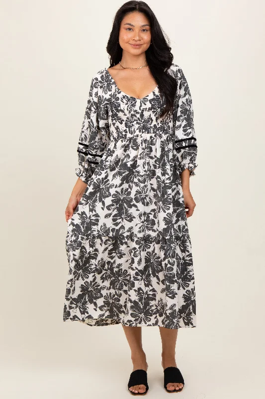 Cream Floral Smocked 3/4 Sleeve Tiered Midi Dress