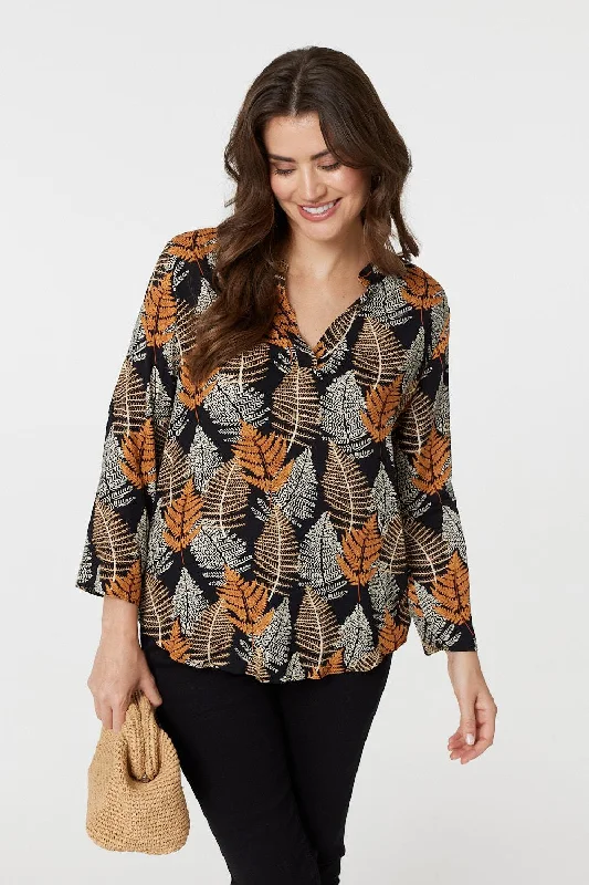 Leaf Print Turn-Up Sleeve Blouse