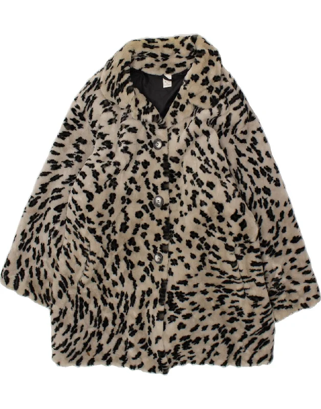 VINTAGE Womens Faux Fur Overcoat UK 20 2XL Off White Animal Print Acrylic