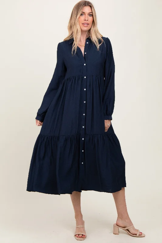 Navy Button Down Long Sleeve Midi Shirt Dress