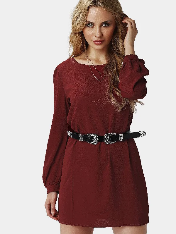 Wholesale Burgundy Round Neck Long Sleeve Plain Mini Dress